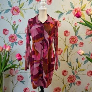 PrettyLittleThings Women's Sheer Mesh Shirt Dress Pink Abstract Print Size US 14